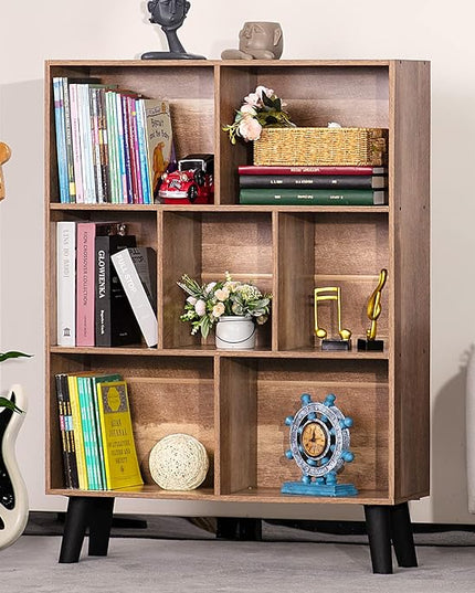 LEYAOYAO 7 Cube Bookshelf 3 Tier Modern Bookcase with Legs,Wood Book Shelves Storage Organizer Shelf,Free Standing Bookcases,Oak Display Bookshelves - LeafyLoom