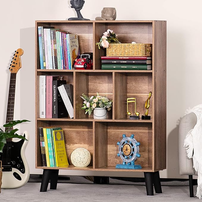 LEYAOYAO 7 Cube Bookshelf 3 Tier Modern Bookcase with Legs,Wood Book Shelves Storage Organizer Shelf,Free Standing Bookcases,Oak Display Bookshelves - LeafyLoom