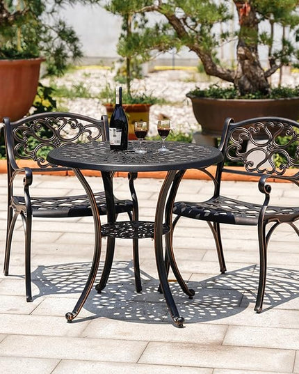 Cast Aluminum Patio Dining Set, Outdoor Bistro Set, 31.5"" Round Patio Table with Umbrella Hole, 2 Patio Chairs for Yard Porch Garden Balcony, Bronze 4 - LeafyLoom