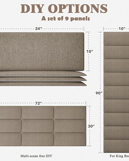 Queen Headboard, Wall Mounted Peel and Stick Headboard, Upholstered Tufted Bed Headboard for Queen Size Bed, Floating Dorm Bedroom Tall Headboard Soundproof Wall Panels (9 Panels, 10"x24") - LeafyLoom