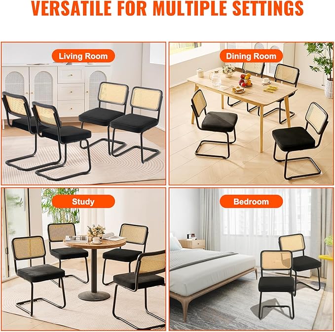 VEVOR Rattan Dining Chairs Set of 4, Mid Century Modern Dining Chair, Upholstered Velvet Accent Chair with Rattan Back, Retro Dining Room Kitchen Chair for Living Room, Bedroom, Office (18.1 Inch) - LeafyLoom