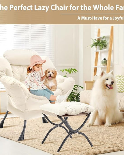 Lazy Chair with Folding Ottoman, Accent Chair Velvet Upholstered with Metal Structure and Non-Slip Pads, Sofa Armchair with Footrest and Side Storage Bag for Dorm, Room, Office, Beige - LeafyLoom