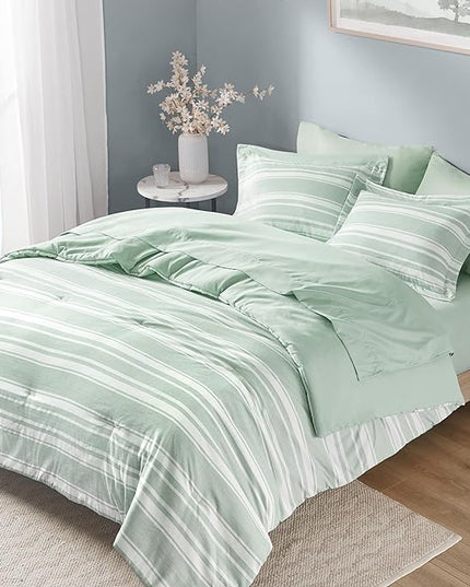 Codi Full Size Comforter Set with Sheets, Sage Green Bed in a Bag for Teen, 7 Piece Striped Bed Sets for All Seasons with 1 Comforter, 2 Pillow Shams, Flat Sheet, Fitted Sheet and 2 Pillowcases - LeafyLoom