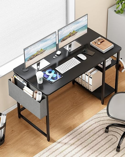 Computer Desk, 47.2” Home Office Desks, Modern Small Desk for Bedroom, Gaming Desk with Iron Hook and Height Adjustable Feet, Sturdy Student Writing Desk with Storage Bag, Storage Shelves - LeafyLoom