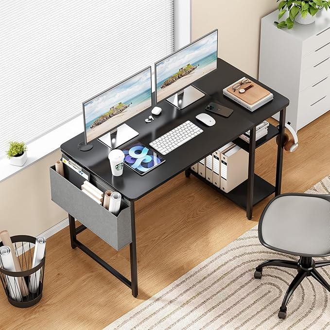 Computer Desk, 47.2” Home Office Desks, Modern Small Desk for Bedroom, Gaming Desk with Iron Hook and Height Adjustable Feet, Sturdy Student Writing Desk with Storage Bag, Storage Shelves - LeafyLoom