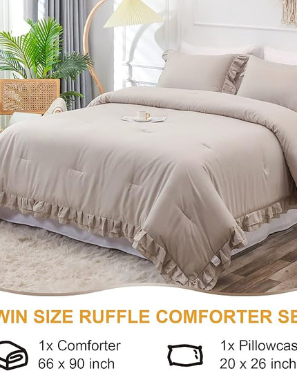 Wheat Double Ruffle Comforter Set Twin Size (66x90 Inch), 2 Pcs Farmhouse Vintage Comforter Set (1 Ruffled Comforter and 1 Pillowcase), Rustic All Season Down Alternative Bedding Set - LeafyLoom