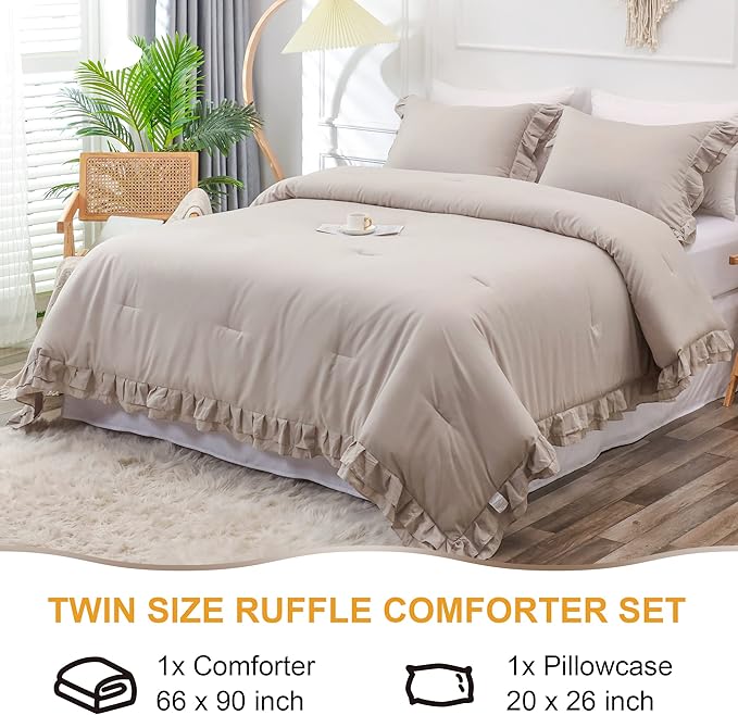 Wheat Double Ruffle Comforter Set Twin Size (66x90 Inch), 2 Pcs Farmhouse Vintage Comforter Set (1 Ruffled Comforter and 1 Pillowcase), Rustic All Season Down Alternative Bedding Set - LeafyLoom