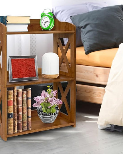 Side Table 3 Tier Bookshelf, Natural Wood Bookcase with Storage Shelf, Table Nightstand, Small Bookshelf, Open Bookcase, Display Rack for Office, Bedroom, Living Room and Kitchen (Brown) - LeafyLoom