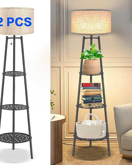 2 PCS Black Floor Lamp with Shelves for Living Room， Standing Lamp，Tall Lamp， Amparas Elegantes para Sala with Linen Shade，Modern Floor Lamp for Living Room，Bedroom or Office（Black Floor Lamp） - LeafyLoom