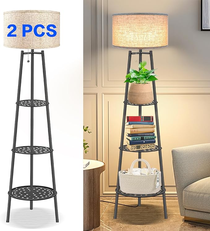 2 PCS Black Floor Lamp with Shelves for Living Room， Standing Lamp，Tall Lamp， Amparas Elegantes para Sala with Linen Shade，Modern Floor Lamp for Living Room，Bedroom or Office（Black Floor Lamp） - LeafyLoom