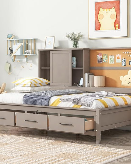 Twin Size Wooden Lounge Daybed with Storage Shelves, Cork Board, USB Ports and 3 Drawers, No Box Spring Needed, Antique Gray - LeafyLoom