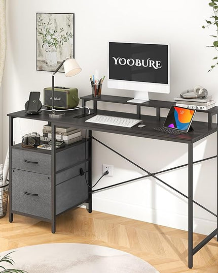 Yoobure Computer Desk, Gaming Desk with LED Lights & Power Outlets, Office Desk with Fabric File Cabinets, 55.1" Gaming Table with Long Monitor Stand, PC Gamer Desk with Drawers for Home office, Grey - LeafyLoom