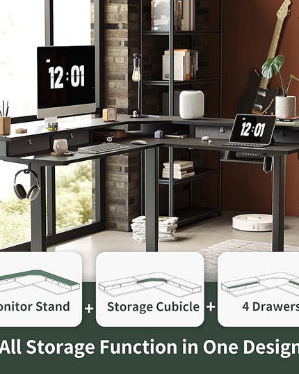 FEZIBO 63" L Shaped Standing Desk with 4 Drawers, Electric Standing Gaming Desk Adjustable Height, Corner Stand up Desk with Splice Board, Black Frame/Black Top - LeafyLoom