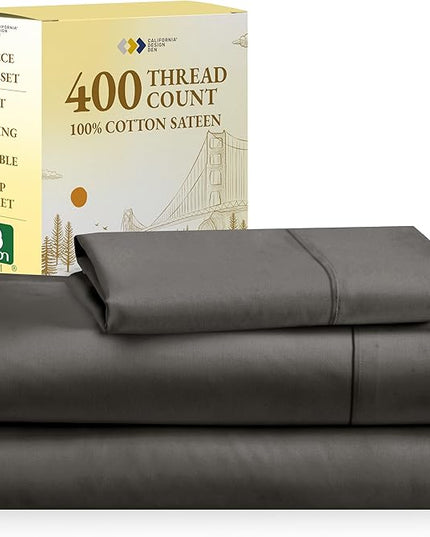 California Design Den Soft 100% Cotton Sheets, Twin XL Sheets Set, 3 Pieces, 400 Thread Count Sateen, Bedding, Dorm Rooms & Adults, Deep Pocket Sheets, Cooling Sheets (Grey) - LeafyLoom