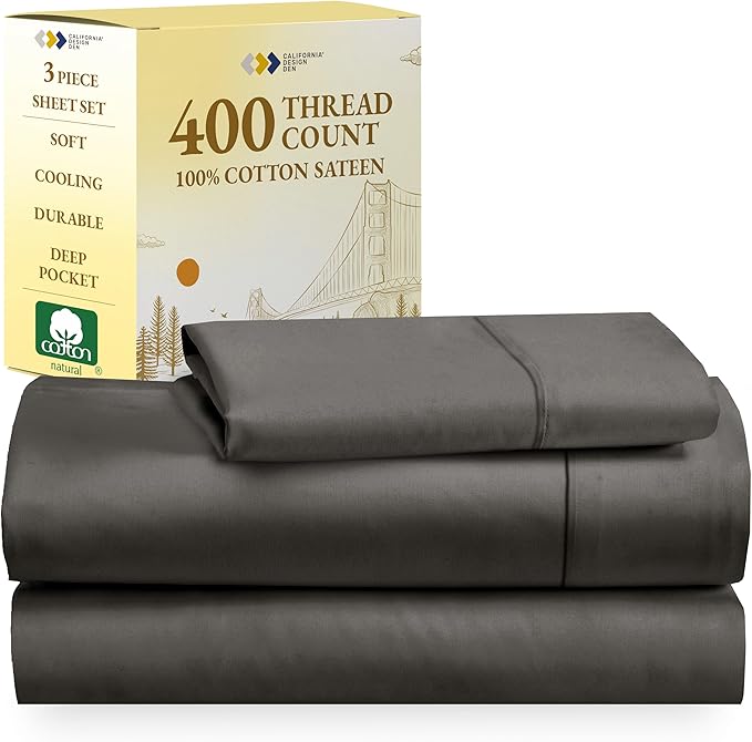 California Design Den Soft 100% Cotton Sheets, Twin XL Sheets Set, 3 Pieces, 400 Thread Count Sateen, Bedding, Dorm Rooms & Adults, Deep Pocket Sheets, Cooling Sheets (Grey) - LeafyLoom