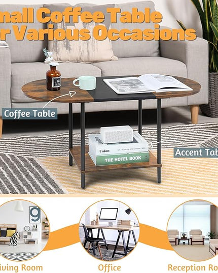Coffee Tables for Living Room,2-Tier Small Coffee Table Farmhouse Oval Center Table with Storage Shelf and Wood Tabletop,for Small Space,Home Office,Black & Brown - LeafyLoom