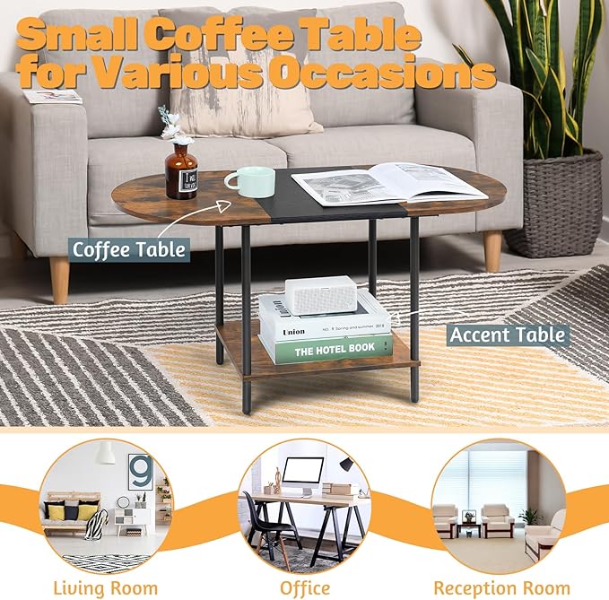 Coffee Tables for Living Room,2-Tier Small Coffee Table Farmhouse Oval Center Table with Storage Shelf and Wood Tabletop,for Small Space,Home Office,Black & Brown - LeafyLoom