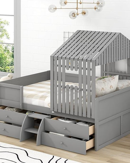 Full Size Low Loft Bed, Wooden House Shaped Loft Bed Frame with 4 Storage Drawers for Kids Teens Boys Girls, Easy Assembly, No Box Spring Needed, Gray - LeafyLoom