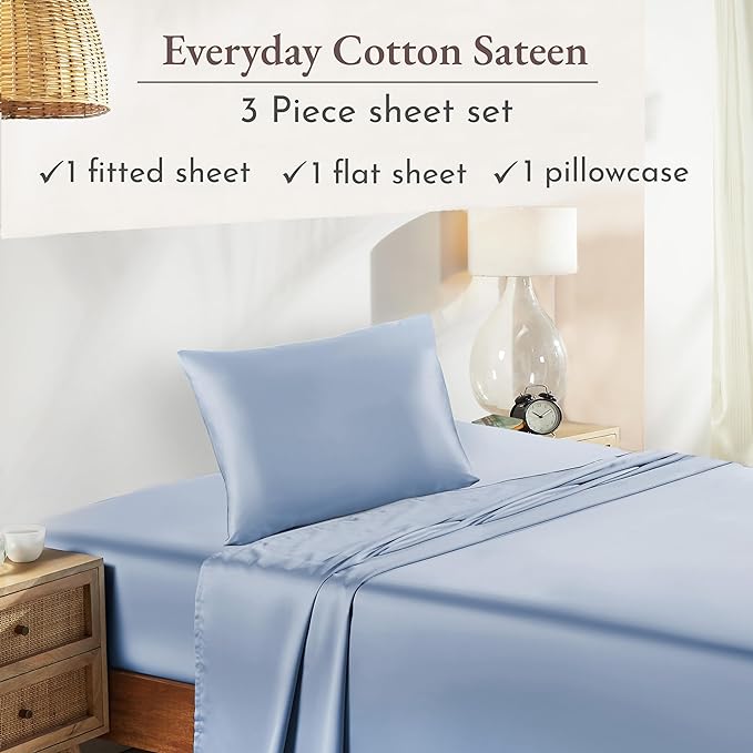 California Design Den Soft 100% Cotton Sheets Twin Size Bed Sheet Sets with Deep Pockets and Sateen Weave for Dorm Rooms, College, Cooling Sheets (Blue) - LeafyLoom