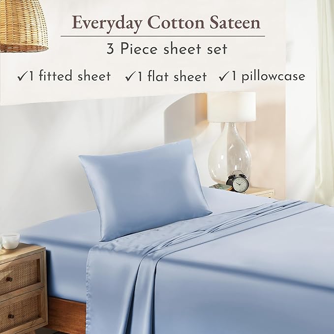 California Design Den Soft 100% Cotton Sheets Twin-XL Size Bed Sheet Sets with Deep Pockets, 3 Pc Extra Long Twin Sheets with Sateen Weave, Cooling Sheets (Blue Hydrangea) - LeafyLoom