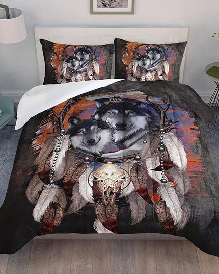 Wolf Dream Catcher Comforter Set for Kids Teens Girls Retro Modern Wildlife Animal Comforter Tie Dye Wolf Bedding Set for Kids Teens Room Decor - LeafyLoom
