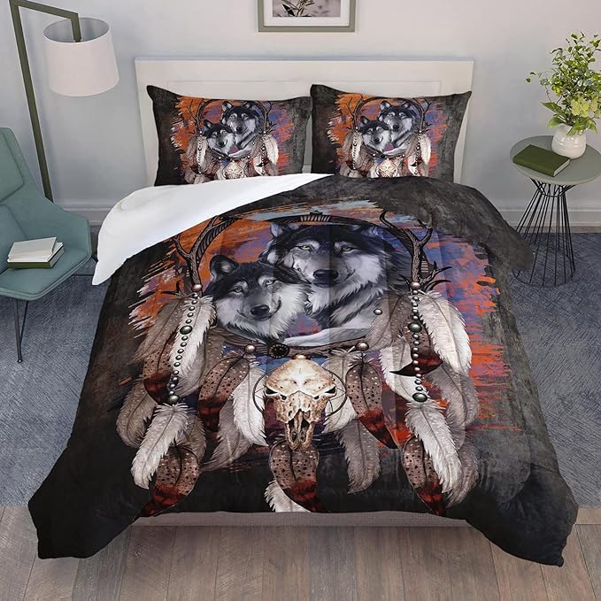 Wolf Dream Catcher Comforter Set for Kids Teens Girls Retro Modern Wildlife Animal Comforter Tie Dye Wolf Bedding Set for Kids Teens Room Decor - LeafyLoom