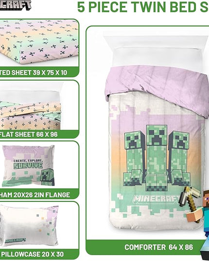 Minecraft Creeper Twin Comforter Set - 5 Piece Bedding includes Sheet Set & Pillow Covers - Super Soft Pink & Green Kids Bedding - LeafyLoom