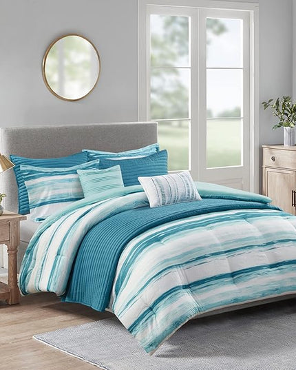 Madison Park Marina Comforter Quilt Combo Set - Modern Luxury Design, All Season Down Alternative Bedding, Matching Shams, Decorative Pillows, Full/Queen(90"x90"), Aqua 8 Piece - LeafyLoom