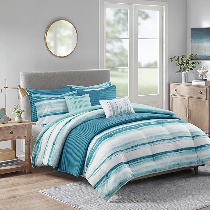 Madison Park Marina Comforter Quilt Combo Set - Modern Luxury Design, All Season Down Alternative Bedding, Matching Shams, Decorative Pillows, Full/Queen(90"x90"), Aqua 8 Piece - LeafyLoom