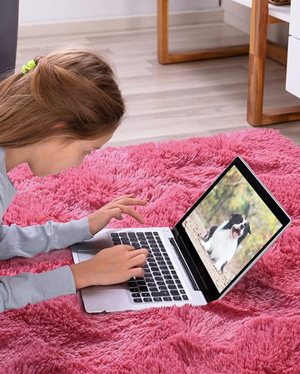 Softlife Rug for Bedroom 4x5.3 Feet Area Rug for Living Room Super Soft Shaggy Rugs for Kids Room Fluffy Fuzzy Carpets Long Plush Bedside Rug Nursery Christmas Home Decoration for Boys Girls, Rose Red - LeafyLoom