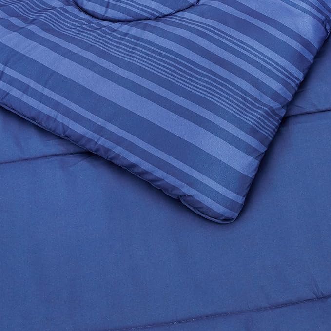 Amazon Basics Lightweight Microfiber Bed-in-a-Bag Comforter 5-Piece Bedding Set, Twin/Twin XL, Blue Calvin Striped - LeafyLoom