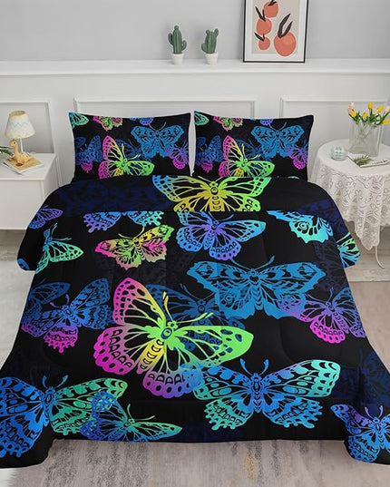 Axolotl Colorful Butterflies Bedding Set,Queen Size Kids Bed Set,Gradient Butterfly Comforter Set,1 Quilt with 2 Pillowcases for Boys Girls Kids Teens Children Adults Room Decor All Season,Black - LeafyLoom