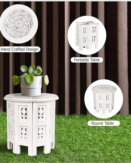 Altar Table,Round Side Table,Small Table, Round End Table,Side Table, Side Tables Living Room,End Table,Carved Side Table,Wood Accent Table,Carved Wood Table 12" Round Top x 12" High White Antique - LeafyLoom