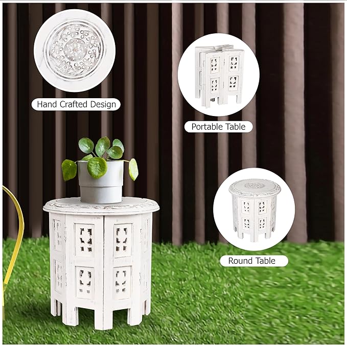 Altar Table,Round Side Table,Small Table, Round End Table,Side Table, Side Tables Living Room,End Table,Carved Side Table,Wood Accent Table,Carved Wood Table 12" Round Top x 12" High White Antique - LeafyLoom