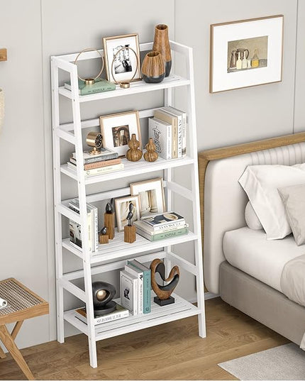 Homykic Bamboo White Bookshelf 4-Tier Ladder Shelf, 49.2” Freestanding Open Bookcase Book Shelf Bathroom Storage Shelf Unit Plant Stand for Small Space, Bedroom, Living Room, Home Office - LeafyLoom