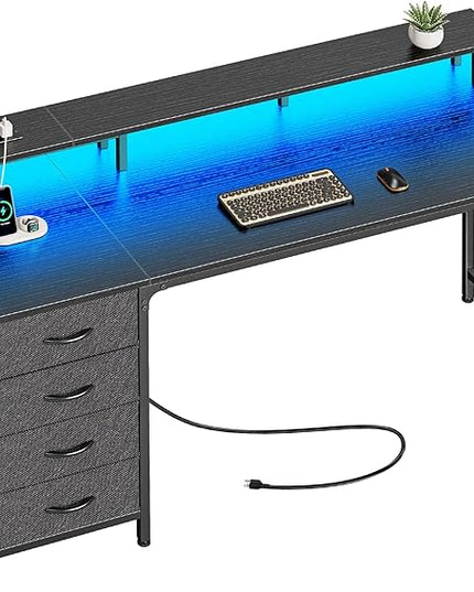 55 Inch Computer Desk with Power Outlets and LED Lights, Gaming Desk with 4 Drawers, Office Desk with Monitor Stand, Study Desk Work Desk for Home Office, Black - LeafyLoom