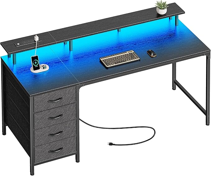 55 Inch Computer Desk with Power Outlets and LED Lights, Gaming Desk with 4 Drawers, Office Desk with Monitor Stand, Study Desk Work Desk for Home Office, Black - LeafyLoom