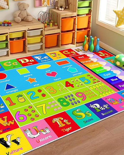 Kids Alphabet Play Game Rug - 5' 3" x8' ABC Numbers and Shapes Educational Learning Toddler Carpet - Kids Room Playroom Classroom Kindergarten Activity Fun Soft Non-Slip Mat - LeafyLoom