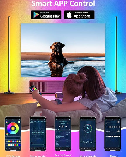 65" LED Corner Floor Lamp：Uocub 16 Million DIY Colors & 68+ Scene RGB Smart Modern Floor Lamp with Timing, Music Sync, App and Remote Control Standing Lamp for Living Room (Black) - LeafyLoom
