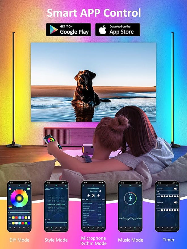 65" LED Corner Floor Lamp：Uocub 16 Million DIY Colors & 68+ Scene RGB Smart Modern Floor Lamp with Timing, Music Sync, App and Remote Control Standing Lamp for Living Room (Black) - LeafyLoom