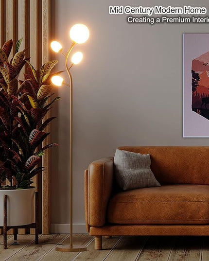 Modern Gold 4 Globe Floor Lamp for Living Room - Contemporary Tree Floor Lamp with White Frosted Glass Shade and LED Bulbs, Mid Century Modern Standing Lamp for Bedroom & Home Office - LeafyLoom
