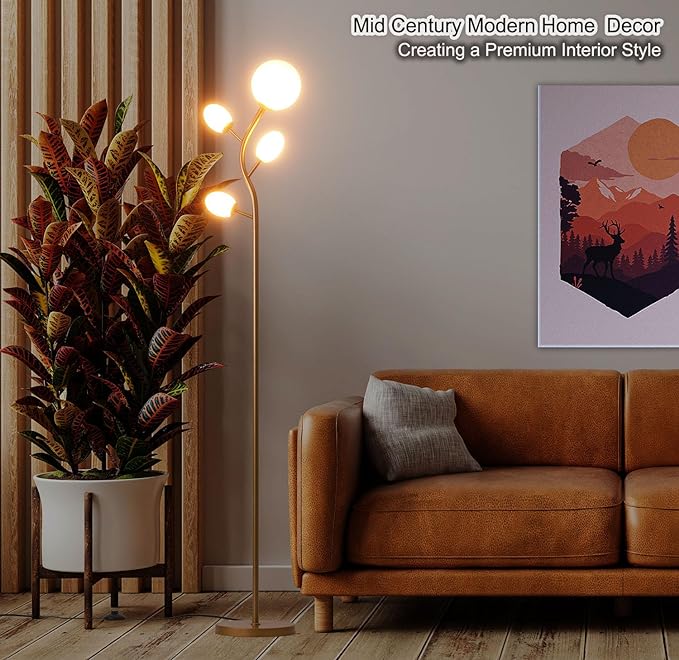 Modern Gold 4 Globe Floor Lamp for Living Room - Contemporary Tree Floor Lamp with White Frosted Glass Shade and LED Bulbs, Mid Century Modern Standing Lamp for Bedroom & Home Office - LeafyLoom
