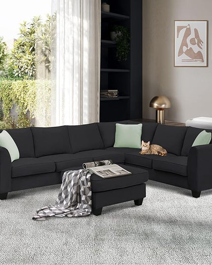 Modern Large U Sectional Sofa, 7 Seat with Movable Ottoman, L Shape Corner Couch for Living Room Furniture Sets Apartment,Office, E-Black - LeafyLoom