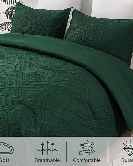 WONGS BEDDING Emerald Green Comforter Set Queen Size(90“×90”), Boho Geometric Textured Bedding Comforter Sets - 3 Pieces Reversible Soft Microfiber Ultrasonic Bedding with 2 Pillowcases - LeafyLoom
