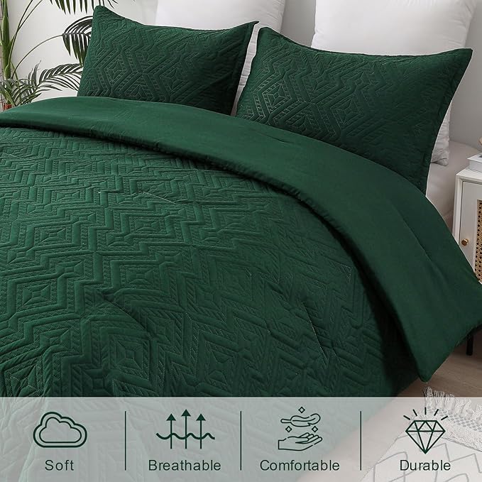 WONGS BEDDING Emerald Green Comforter Set King Size(104“×90”), Boho Geometric Textured Bedding Comforter Sets - 3 Pieces Reversible Soft Microfiber Ultrasonic Bedding with 2 PillowCases - LeafyLoom