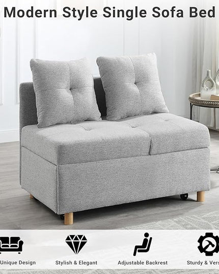4-in-1 Convertible Sleeper Sofa, Single Pull Out Couch Chair with 6-Level Adjust Backrest Loveseat with Storage and Pillows, Modern Recliner for Living Room Apartment Office, Light Grey - LeafyLoom