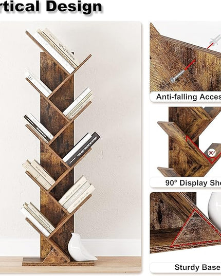 Function Home 9 Tier Tree Bookshelf, Modern Tall Geometric Bookcase, Freestanding Book Shelf, Wood Floor Storage Shelf for Living Room, Bedroom, Home Office,Rustic Brown - LeafyLoom