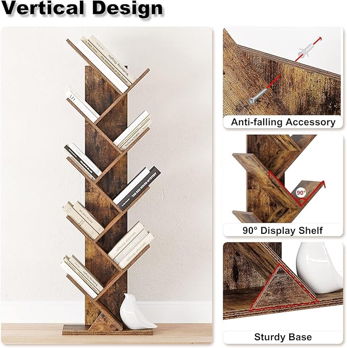 Function Home 9 Tier Tree Bookshelf, Modern Tall Geometric Bookcase, Freestanding Book Shelf, Wood Floor Storage Shelf for Living Room, Bedroom, Home Office,Rustic Brown - LeafyLoom