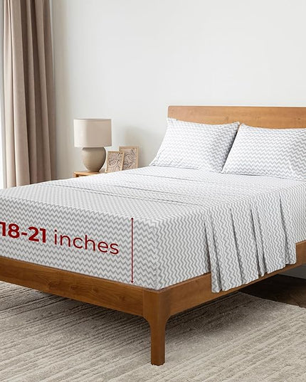 Mellanni Extra Deep California King Sheets - 4 PC Iconic Collection Bedding Sheets & Pillowcases - Luxury, Ultra Soft, Cooling Bed Sheets - Extra Deep Pocket up to 21 inch (Cal King, Chevron Gray) - LeafyLoom