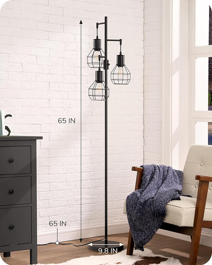 EDISHINE Dimmable Farmhouse Floor Lamp, Industrial Standing Lamp for Living Room, 3 LED Edison Bulbs Included, Black Corner Rustic Tall Tree Reading Lamps Home Decor for Bedroom, Office - LeafyLoom